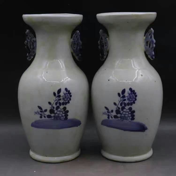 晩清民窯青花博古花紋双耳瓶模古磁器古玩骨董置物