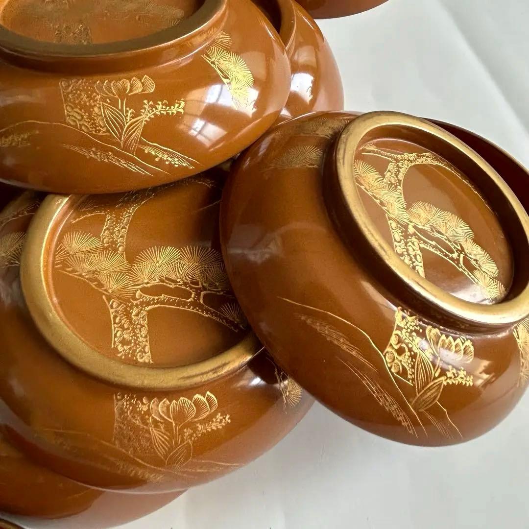 輪島塗 天然木製 松蒔絵　金縁 菓子椀　煮物椀　6客
