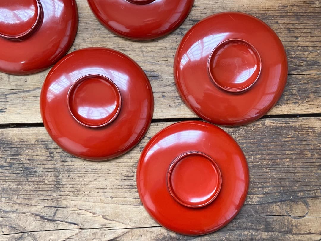 傷あり◎能登蔵出し 輪島塗 朱漆 平椀 5客 / 漆器椀 懐石椀 煮物椀 正月