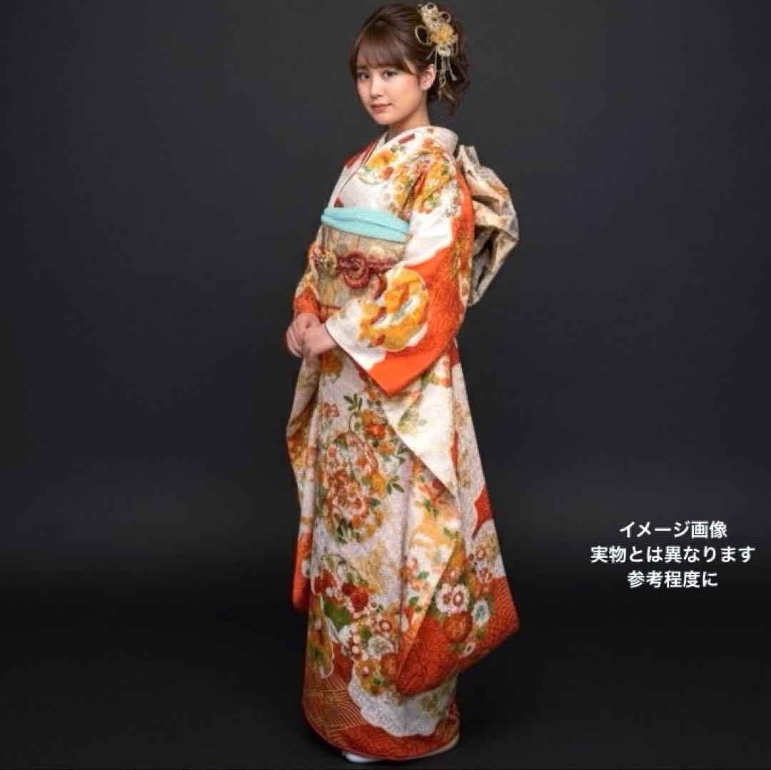 振袖フルセット　古典柄　トールサイズ　161〜171　白地オレンジ　正絹　成人式