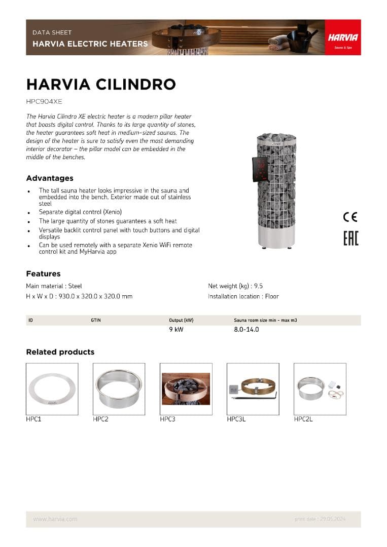 電源２ｍ　HARVIA CILINDRO PC90　200V 9.0KW
