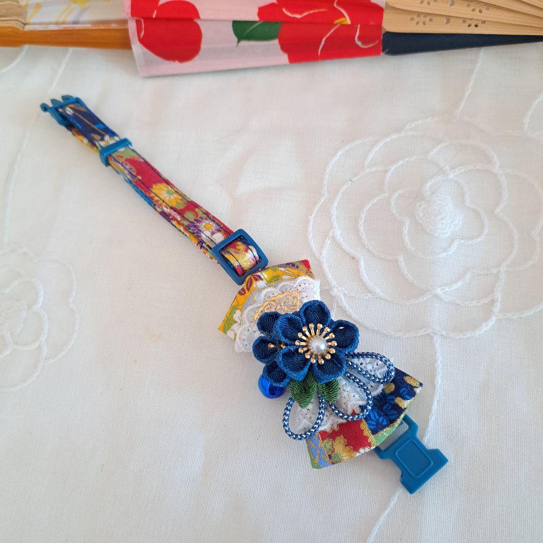 シングルリボン、和風つまみ細工(青)わんちゃん猫ちゃん用首輪