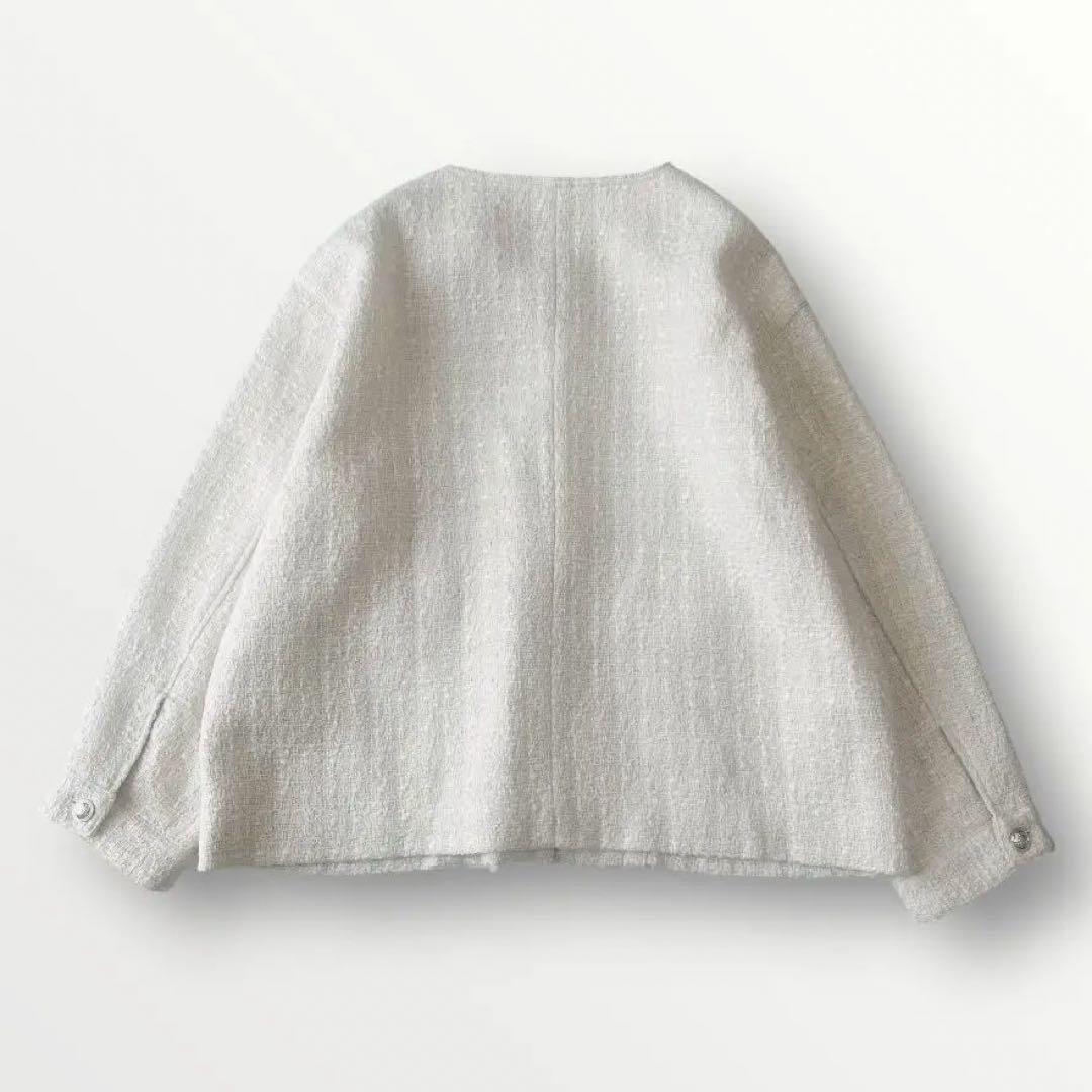 美品☆シップスエニィ ネイビーブルー 24SS ノーカラー ツイード ジャケット