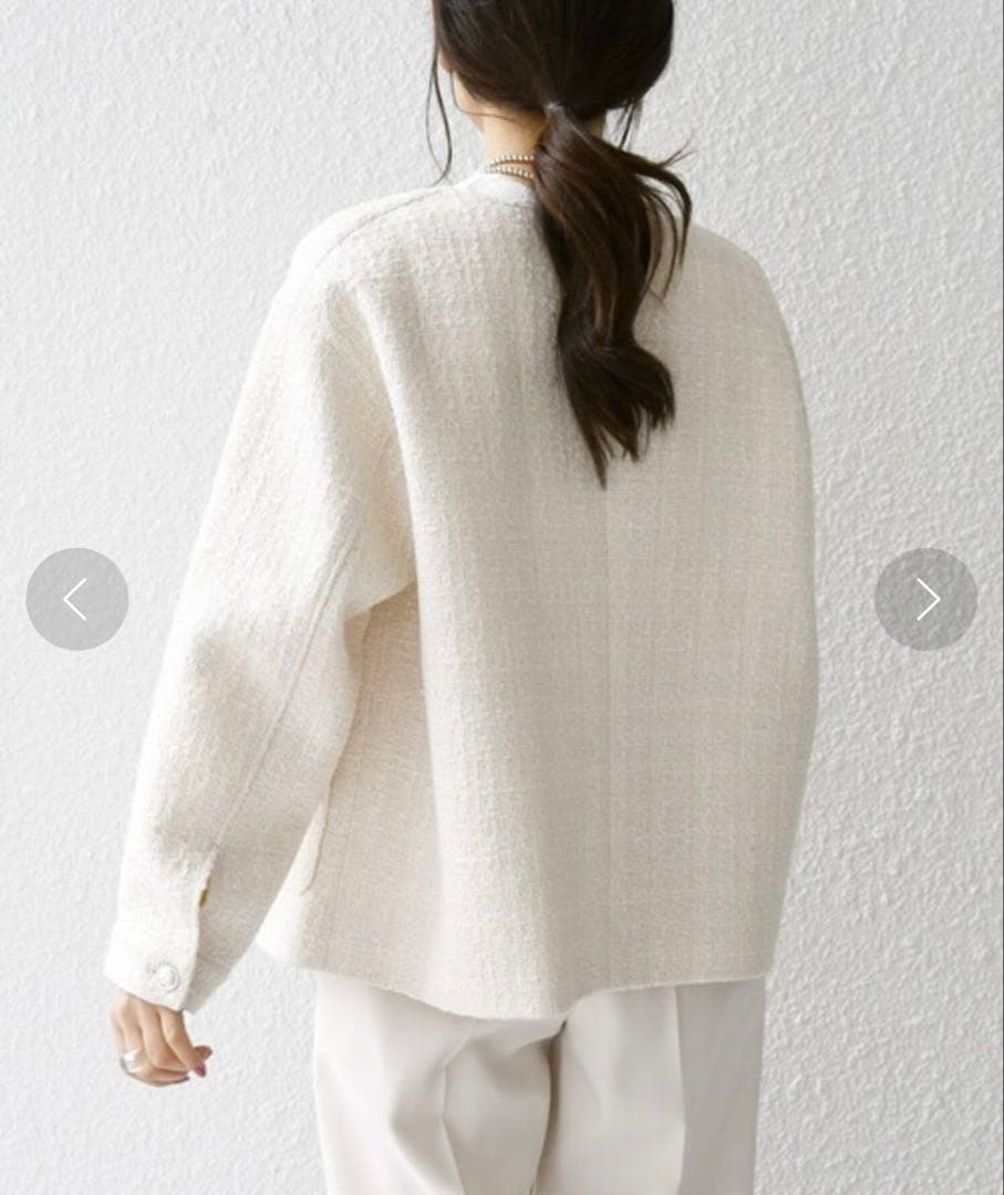 美品☆シップスエニィ ネイビーブルー 24SS ノーカラー ツイード ジャケット