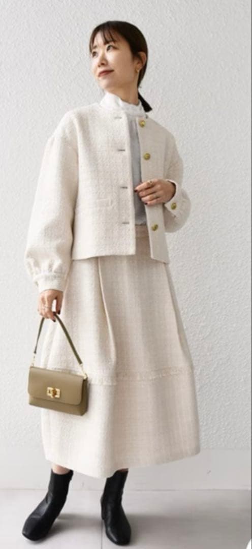 美品☆シップスエニィ ネイビーブルー 24SS ノーカラー ツイード ジャケット