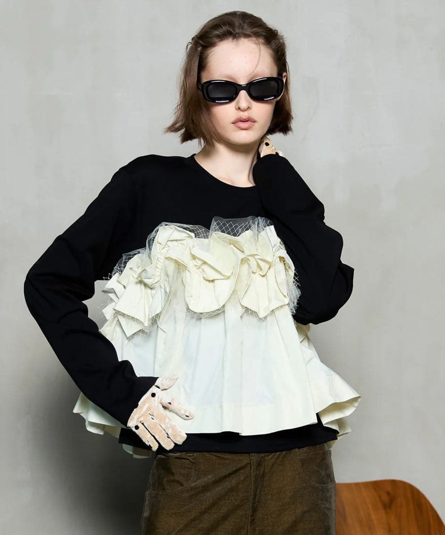 トップス Mixed Fabric Frill Tops
