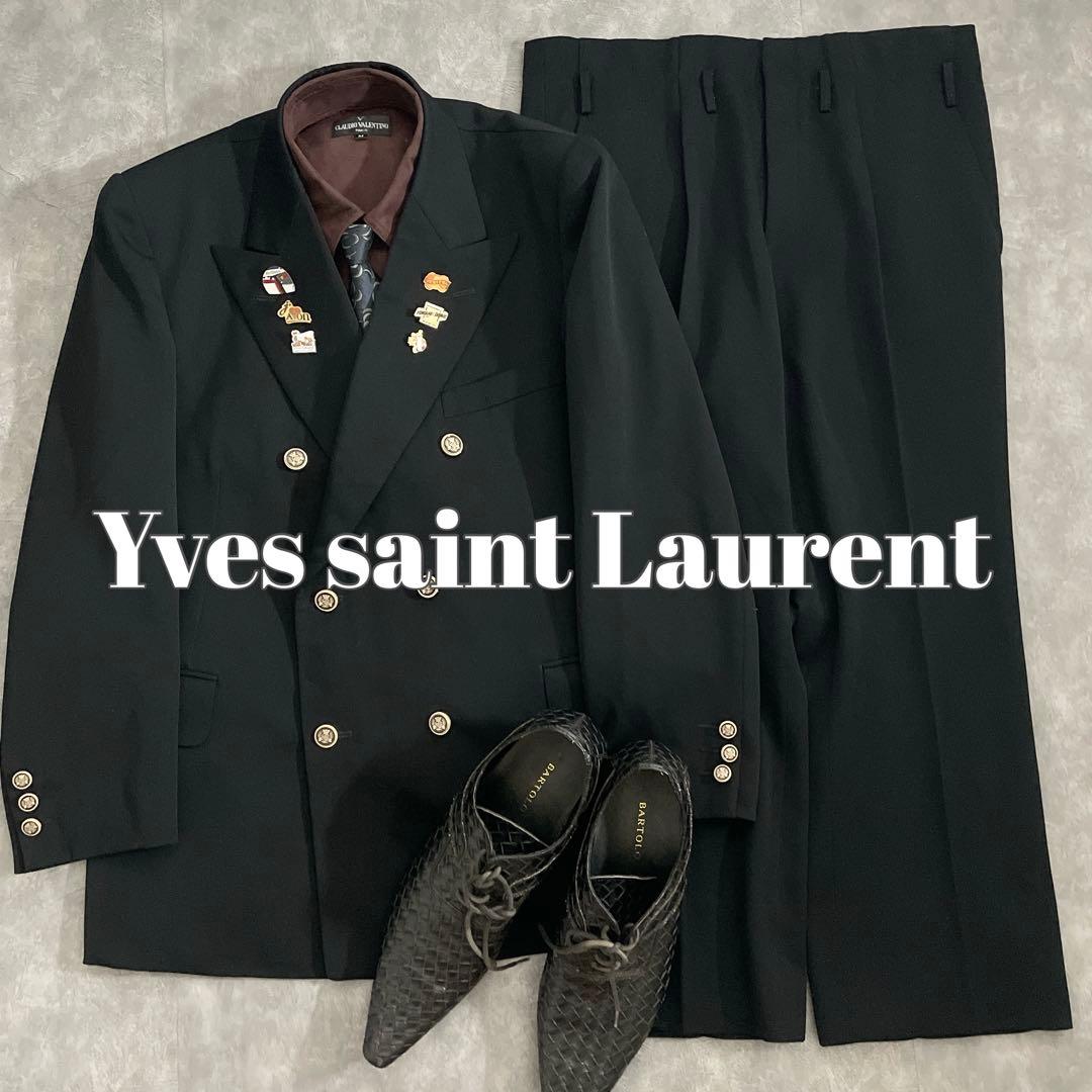 極上 漆黒ウール 黒金ボタン ダブルスーツ saint Laurentネクタイ