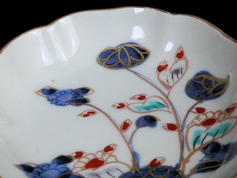 古伊万里 　染錦　河骨紋の図　手塩皿　3寸半皿　４枚 　D417AS-fbuw