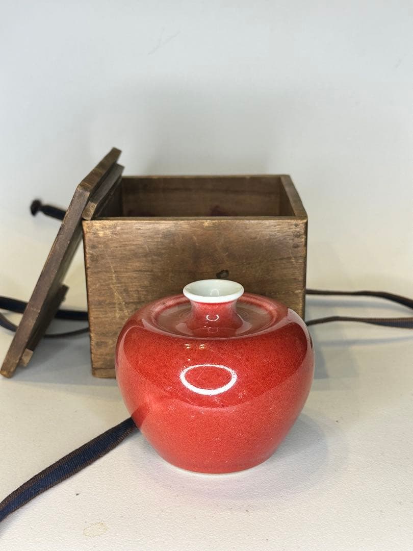 希少 清時代 大清康熙年製款 蘋果尊 朱釉 賞瓶 陶磁器 古美術 共箱 時代物