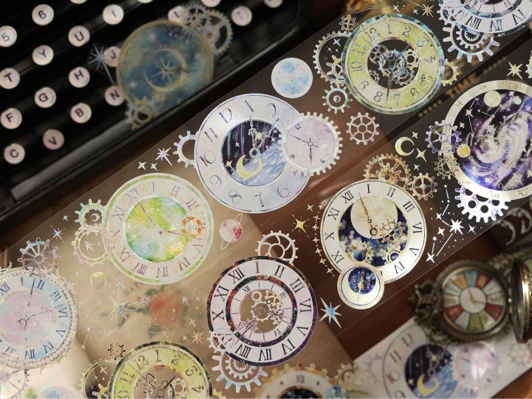 【9484】海外　5m巻　貝殻光マスキングテープ　星時計　カラフル　装飾系