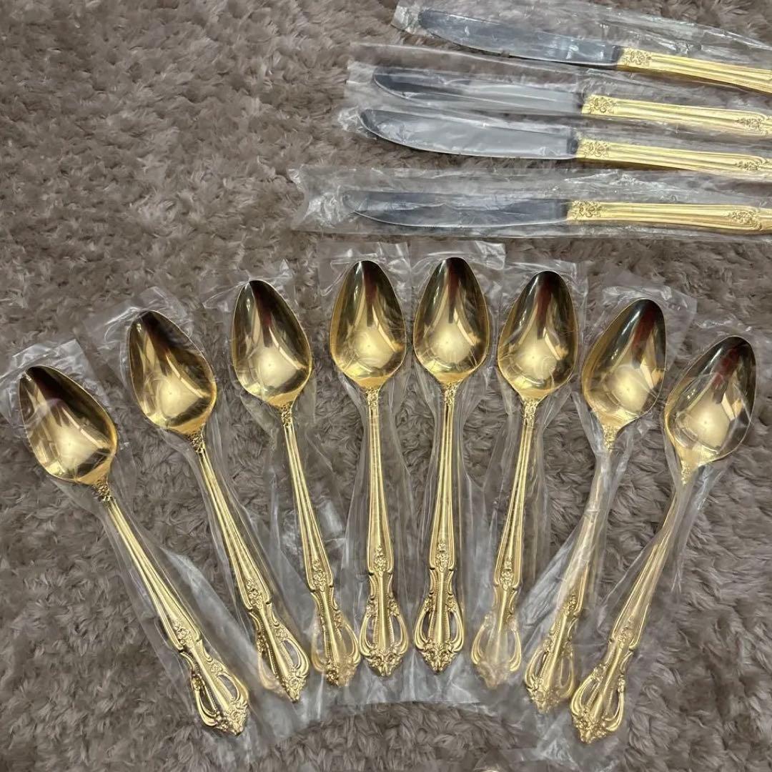 【未使用】サンクラフト 24金仕上げ カトラリーセット 55点 8客用 木箱付