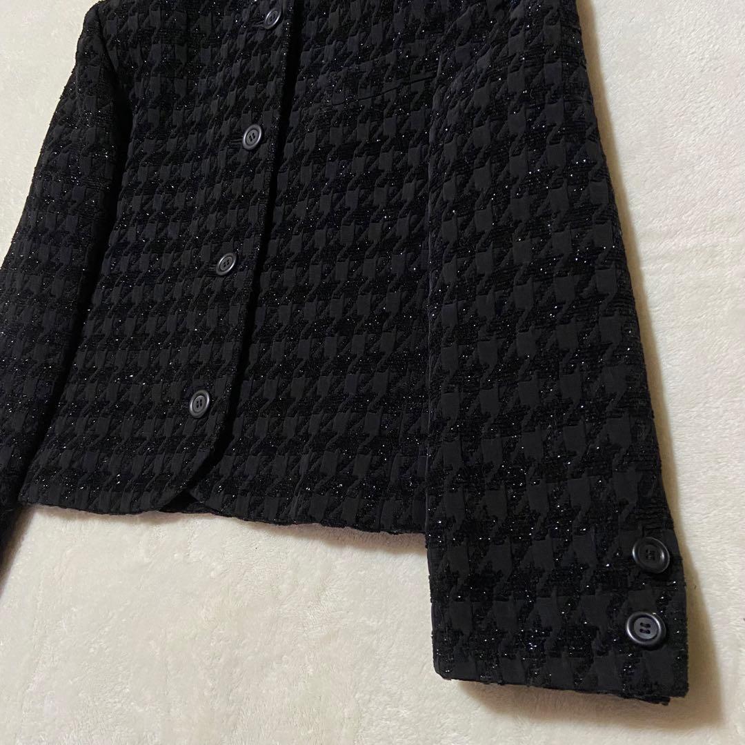 【美品✨】クリスチャンディオール ノーカラージャケット 千鳥格子 ラメ混 黒 S