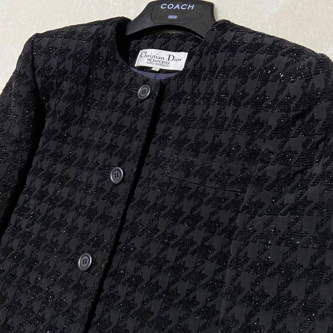 【美品✨】クリスチャンディオール ノーカラージャケット 千鳥格子 ラメ混 黒 S