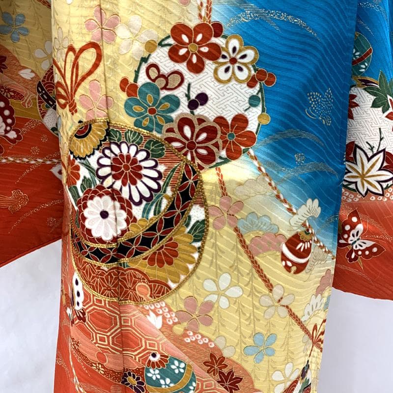 507ag60□七五三 七歳 女児 着物&袋帯 金彩 鈴 蝶□状態良好