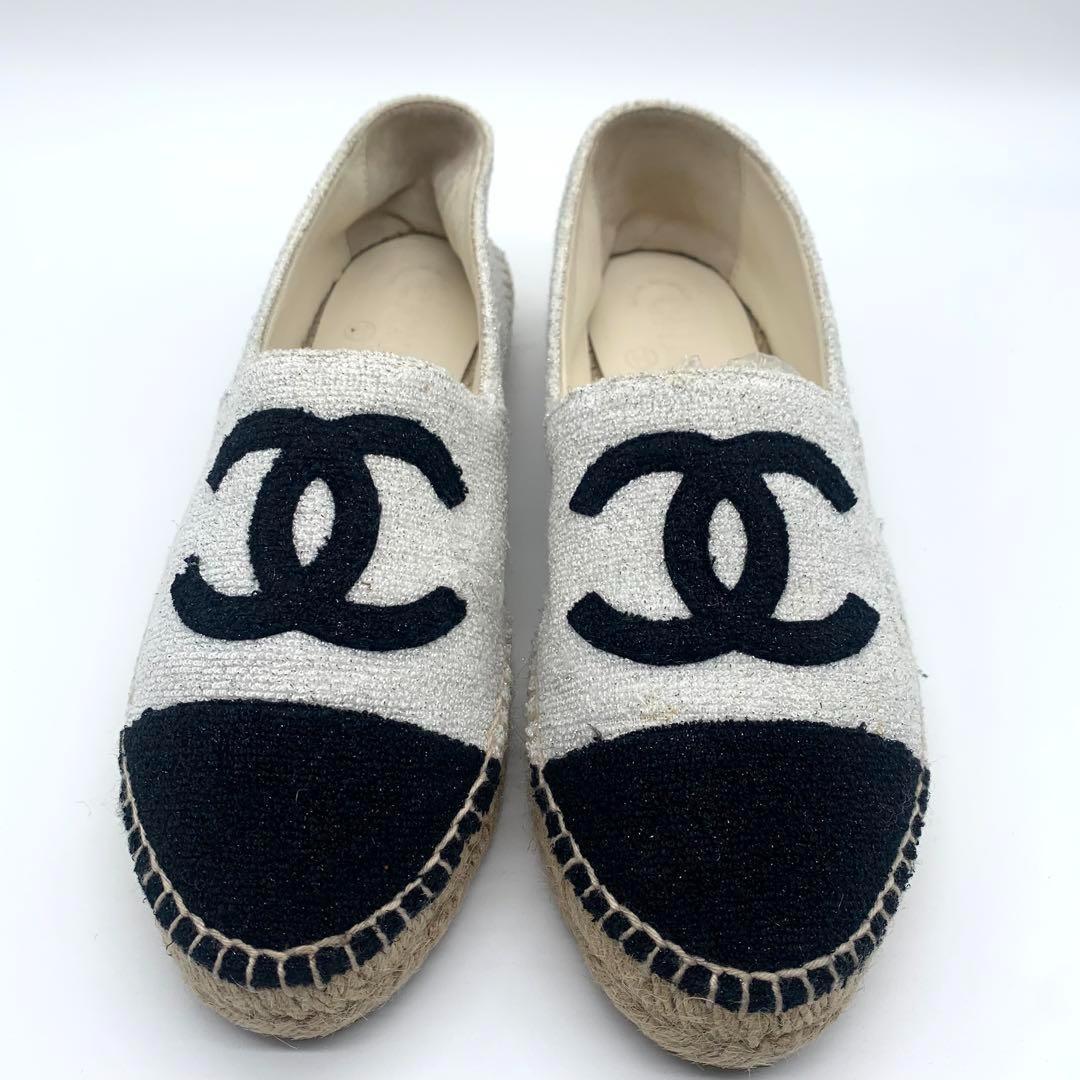 シャネル フラットシューズ エスパドリーユ ココマーク ラメツイード 24cm