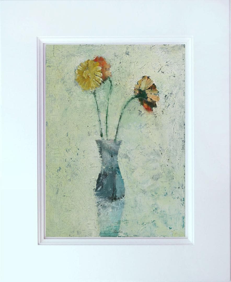 油絵 菅家令子 絵 絵画インテリア 額付(青緑＋金色の枠) F6-030501花