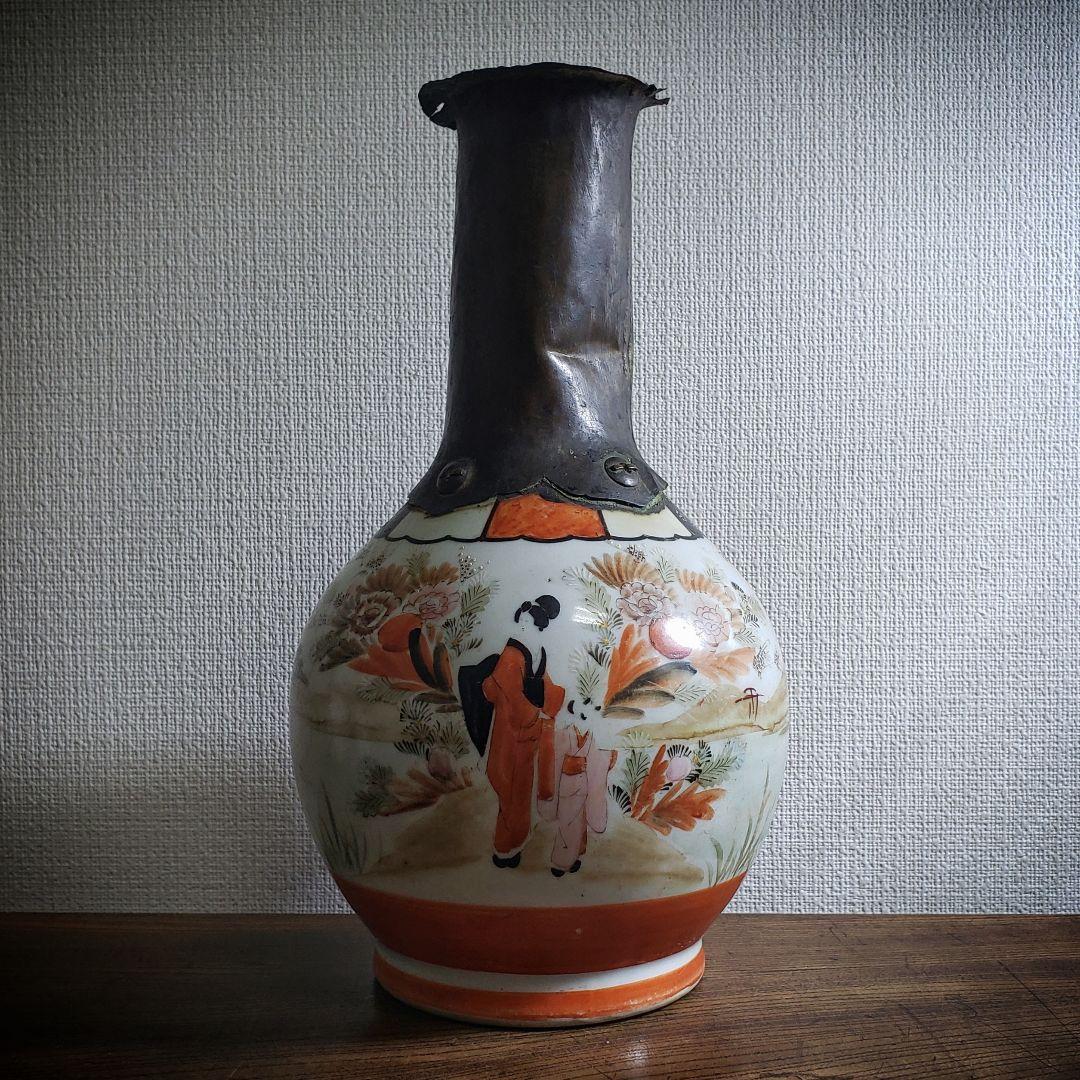 花瓶　里帰り　銅板　九谷　花器　九谷赤絵　人物図花瓶　明治時代