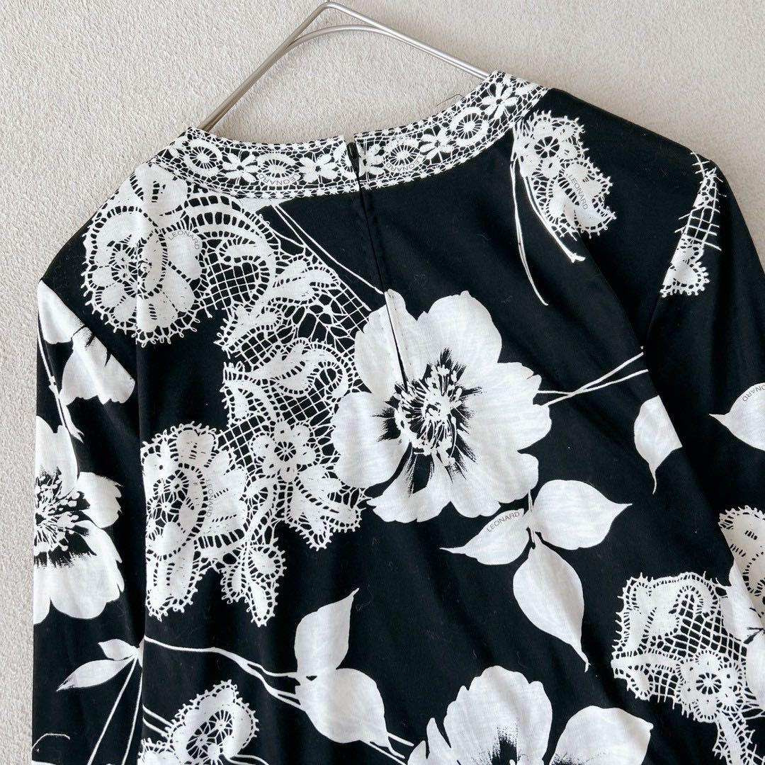 美品✨ LEONALD レオナール　ブラウス　長袖　花柄　トリム　黒×白　M