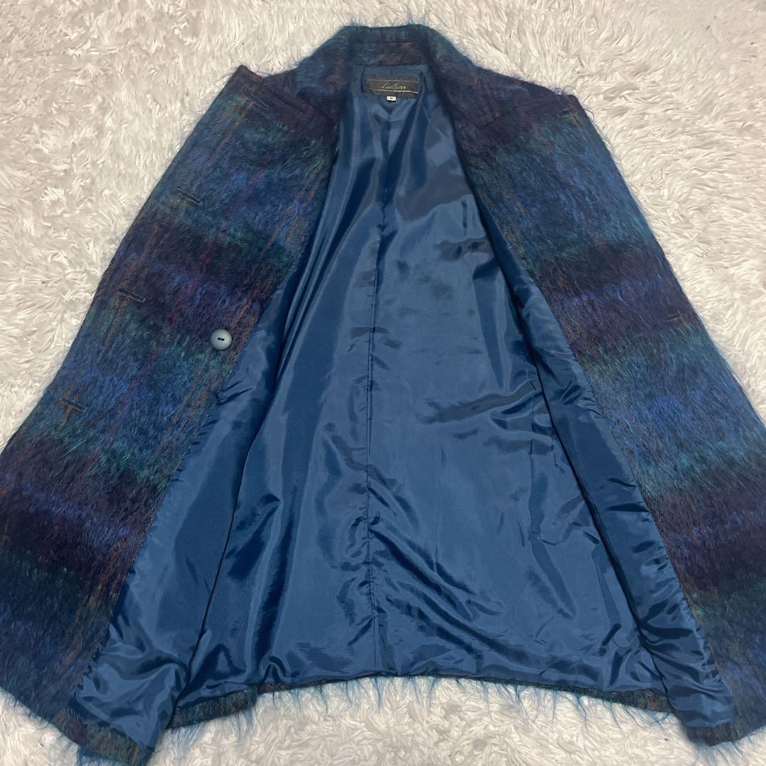 Leilian レリアン モヘヤ シャギーコート チェック ダブル 9号