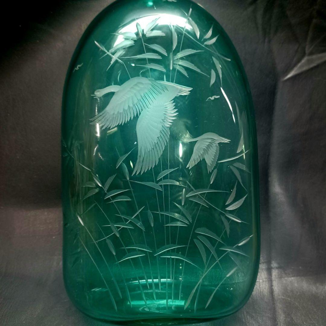 MURANO 36㎝ ムラノ 花鳥文 グリーン デカンタ ボトル 瓶