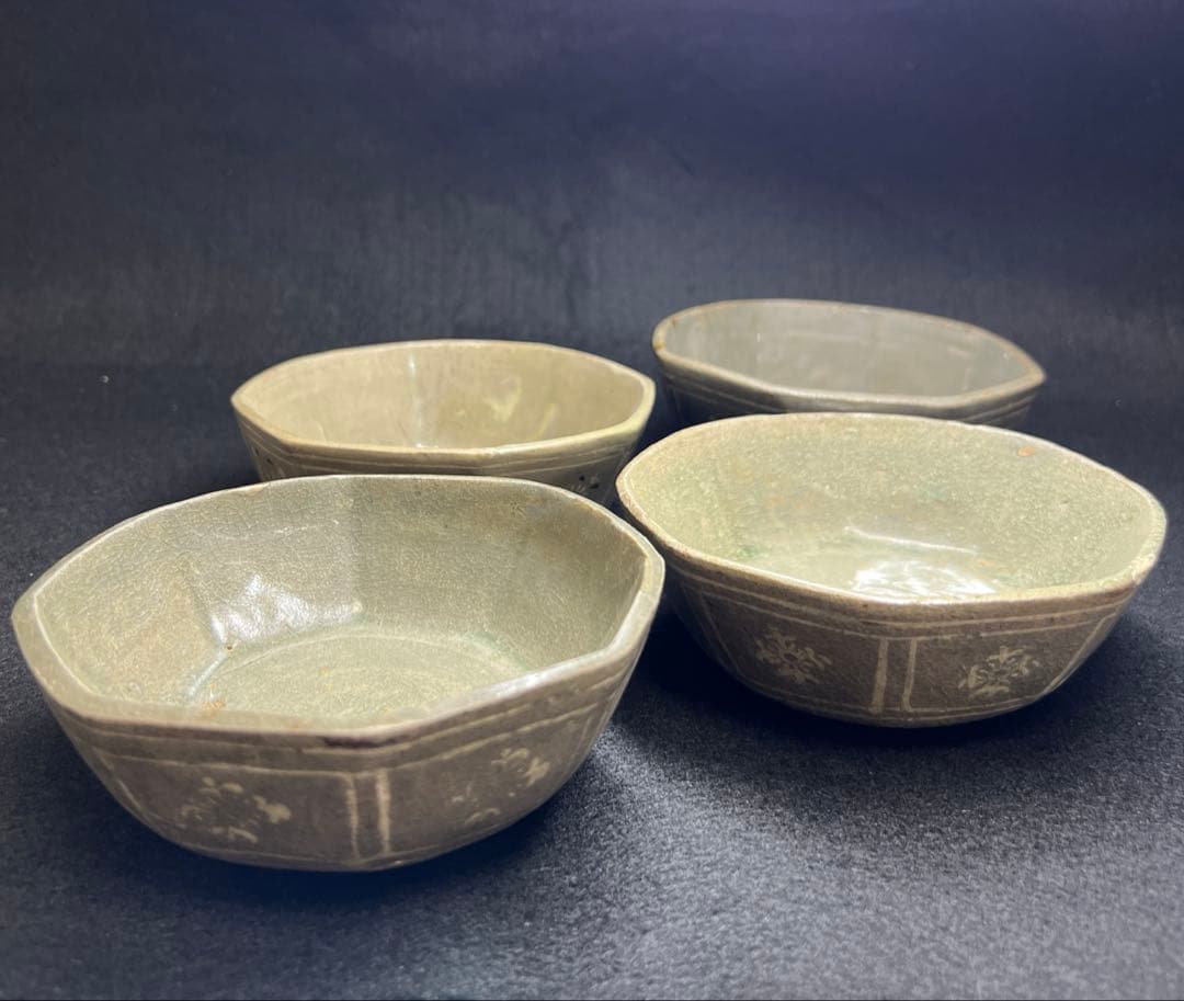 16世紀　高麗青磁　上手白泥象嵌八角鉢4客　幅約11.5㎝東Y7-1224☆2F