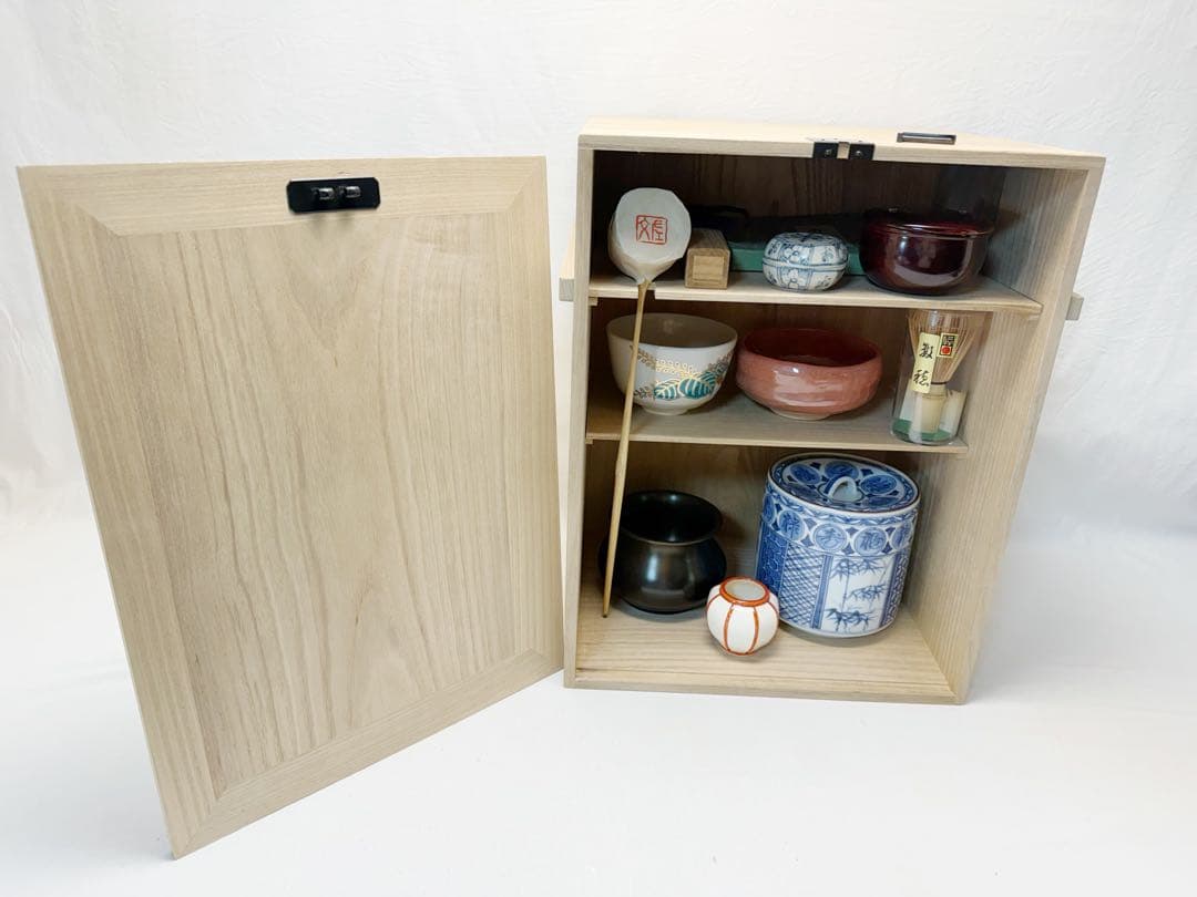 未使用 茶道具 旅箪笥 桐木地 茶器十四点揃 利休好写 茶箱 天目台 等元箱