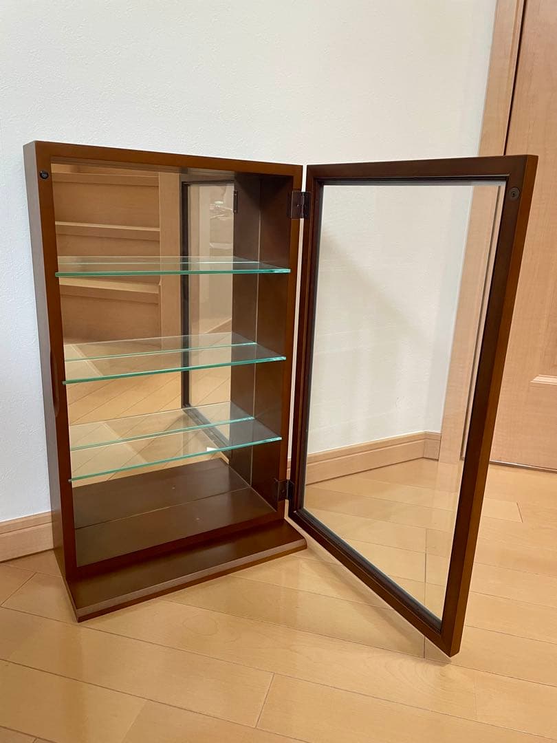 コレクションケース 木製 背面ミラー 棚ガラス3枚付