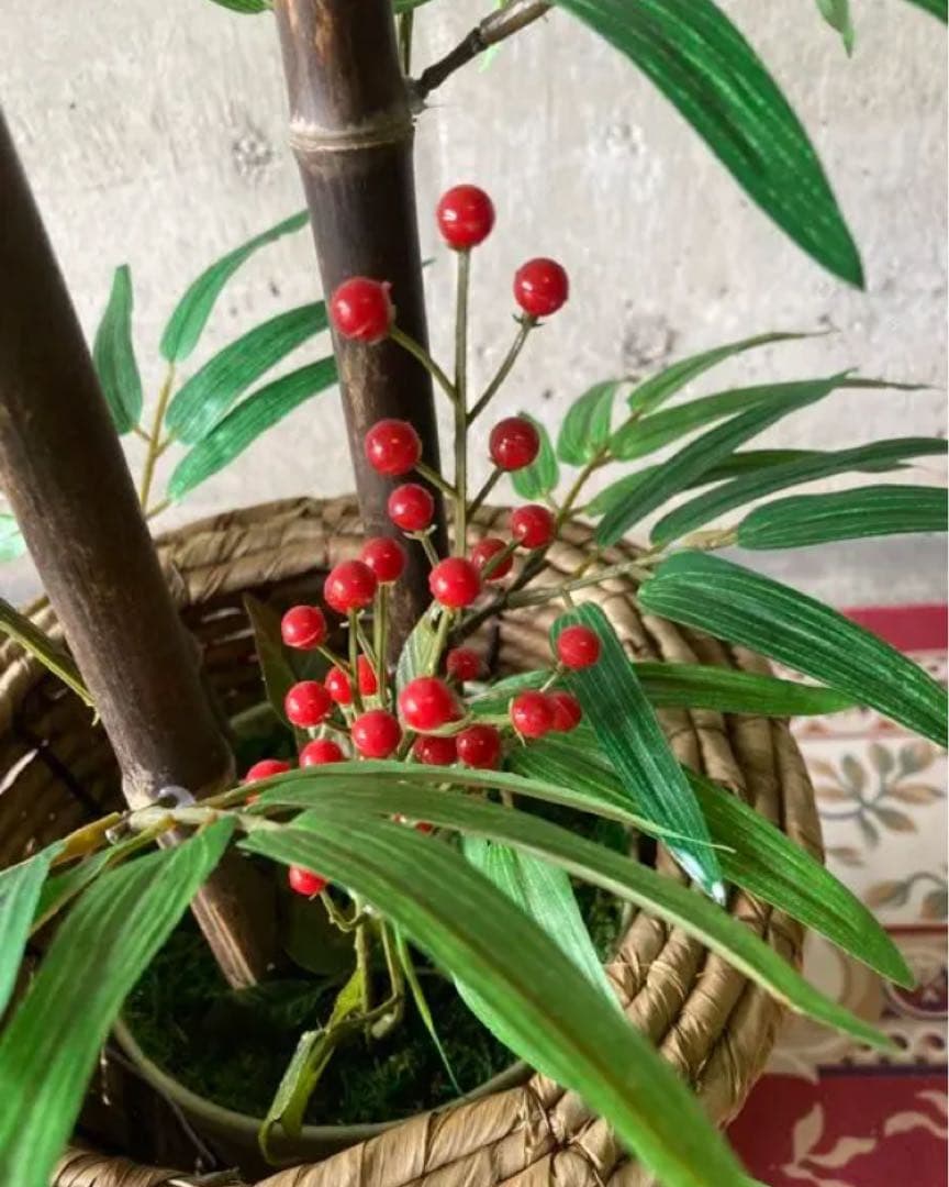 光触媒　人工観葉植物　ウォールグリーン　フェイクグリーン　黒竹南天カゴ付@