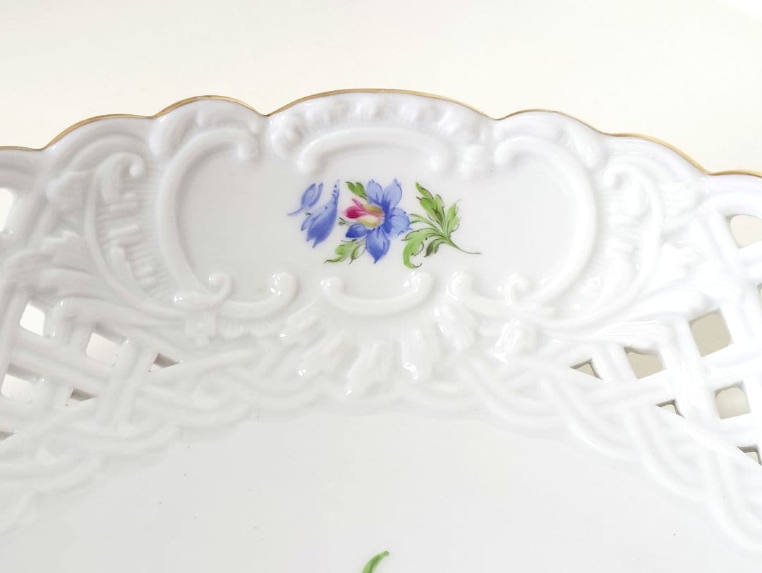 マイセン　2つ花　水仙（スイセン)　透かし皿(深皿)