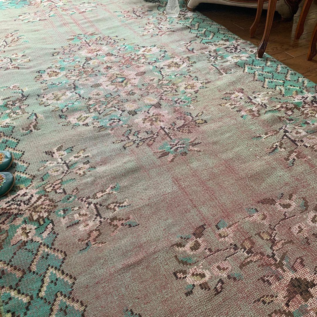 トルコヴィンテージラグ　超大判　オーバーダイ　253×143グリーン　トルコラグ