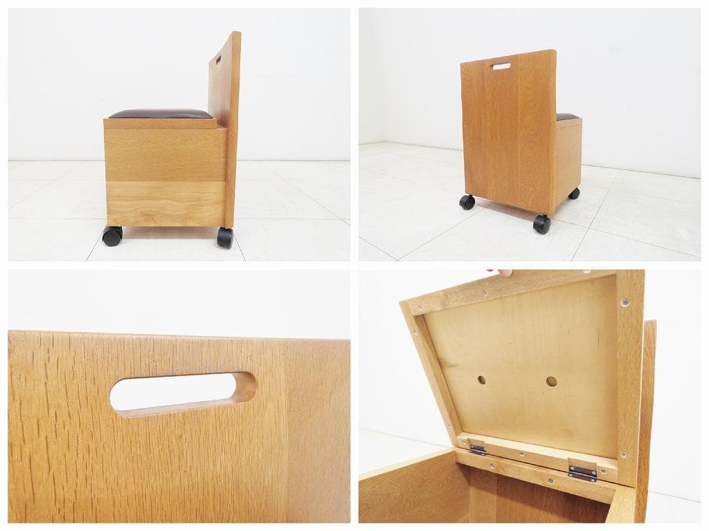 ナラ無垢材 デスク＆チェストワゴン＆チェア セット 本革張り 机 検MUKU工房