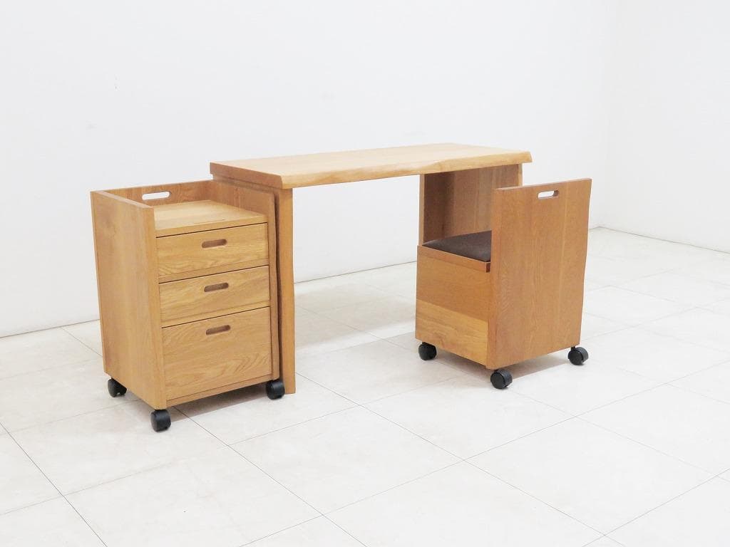 ナラ無垢材 デスク＆チェストワゴン＆チェア セット 本革張り 机 検MUKU工房