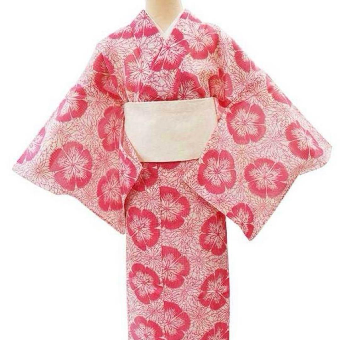 竺仙【未使用】絹紅梅 浴衣「撫子と糸菊」広襟