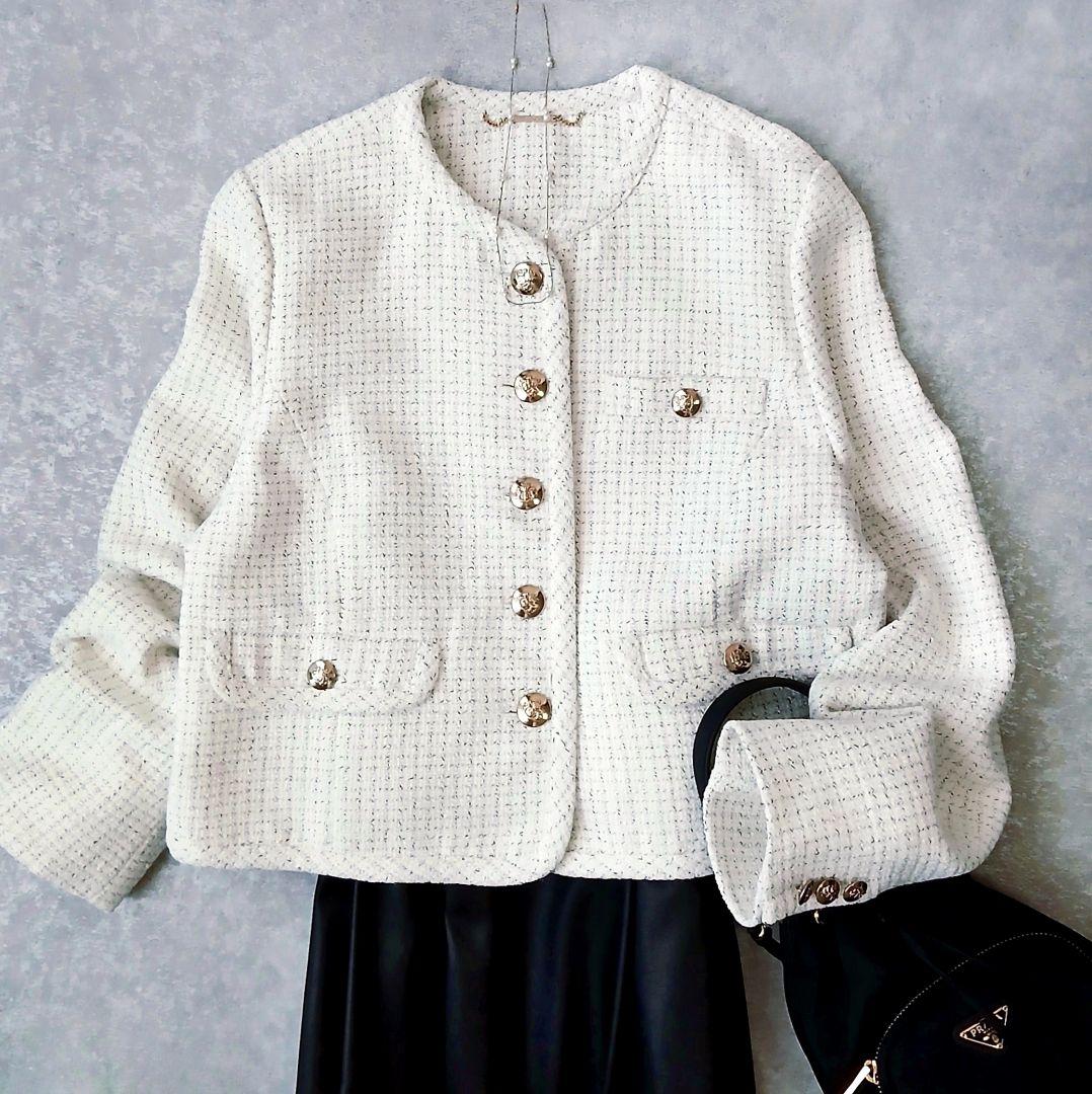 極美品 セルフォード 2025 パイピングショートジャケット 36 ツイード 白