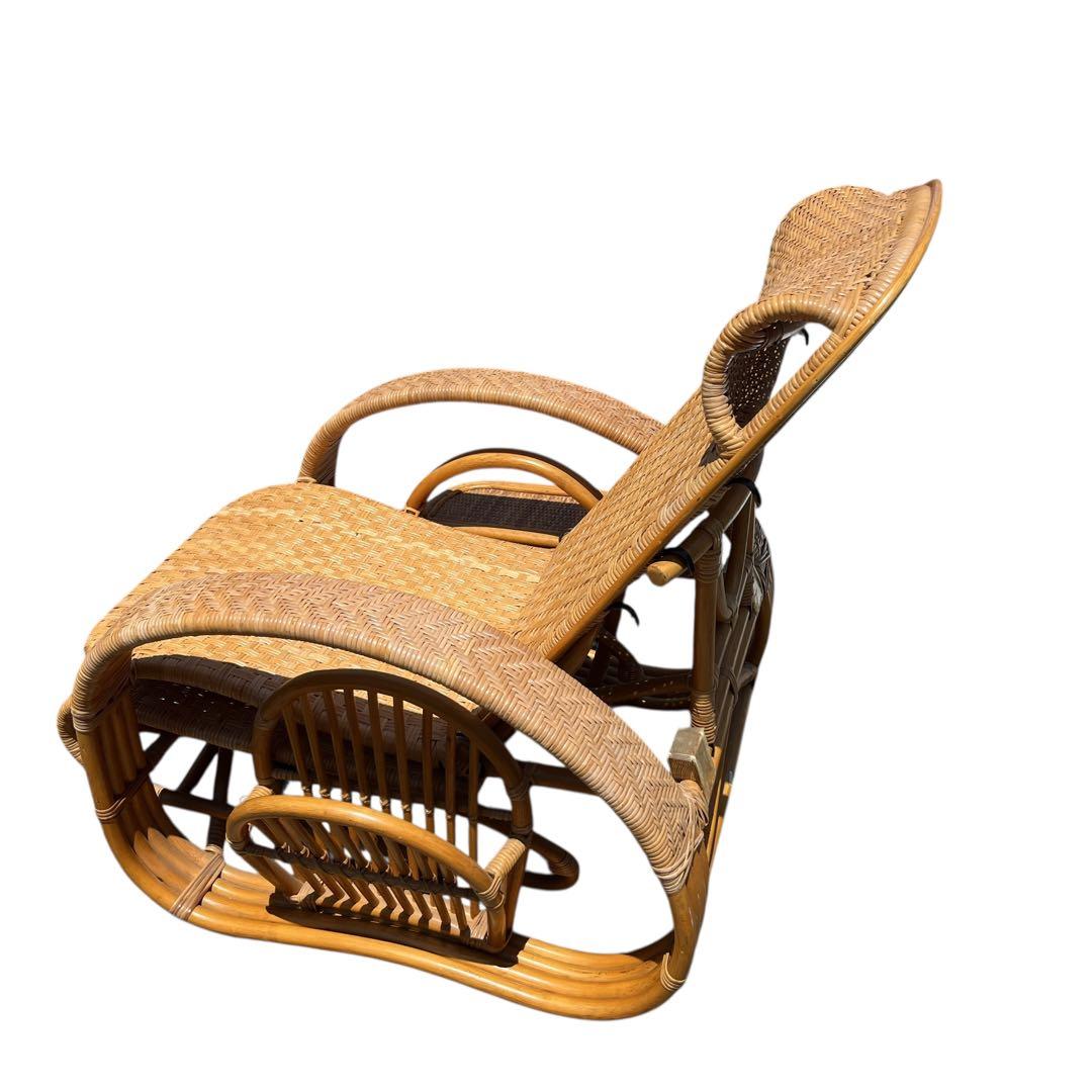 ラタンリクライニングチェア オットマン付き 1人掛けソファー 古家具