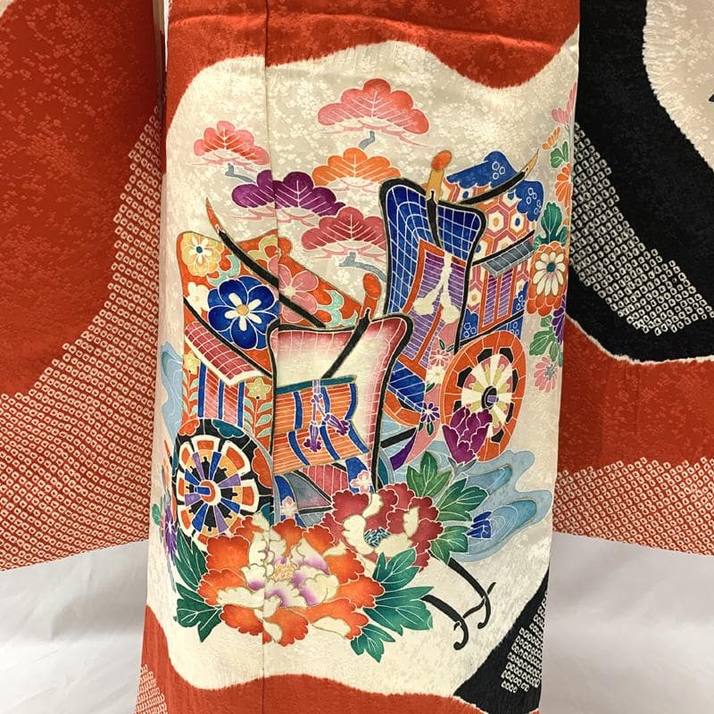 511ag11□七五三 七歳 女児 着物&袋帯 絞染め 御所車 鶴□状態良好