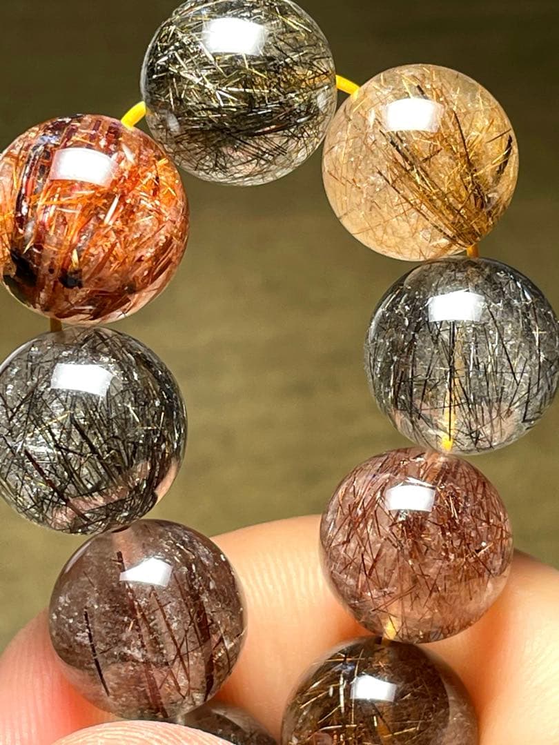 【新入荷】　ミックスタイチンルチルクォーツブレス12.9〜13.9㎜大玉（新品）