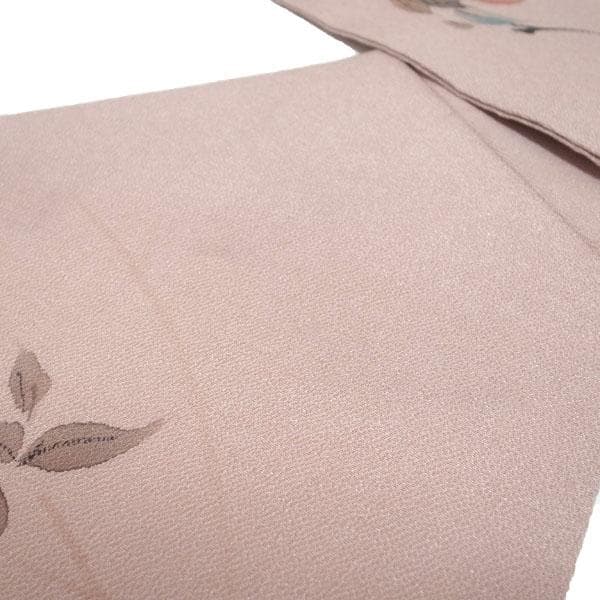 名古屋帯 九寸 手描き ちりめん 縮緬 くすみピンク 柿 絹 中古 kp2272