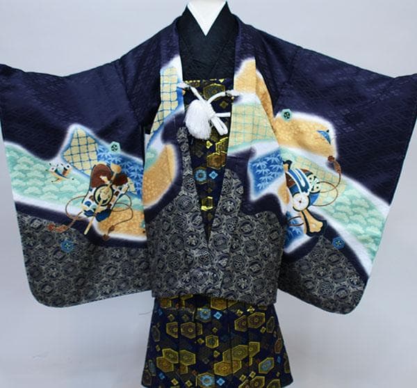 七五三 五歳 男児 羽織袴フルセット 黒地 袴変更可能 NO34282