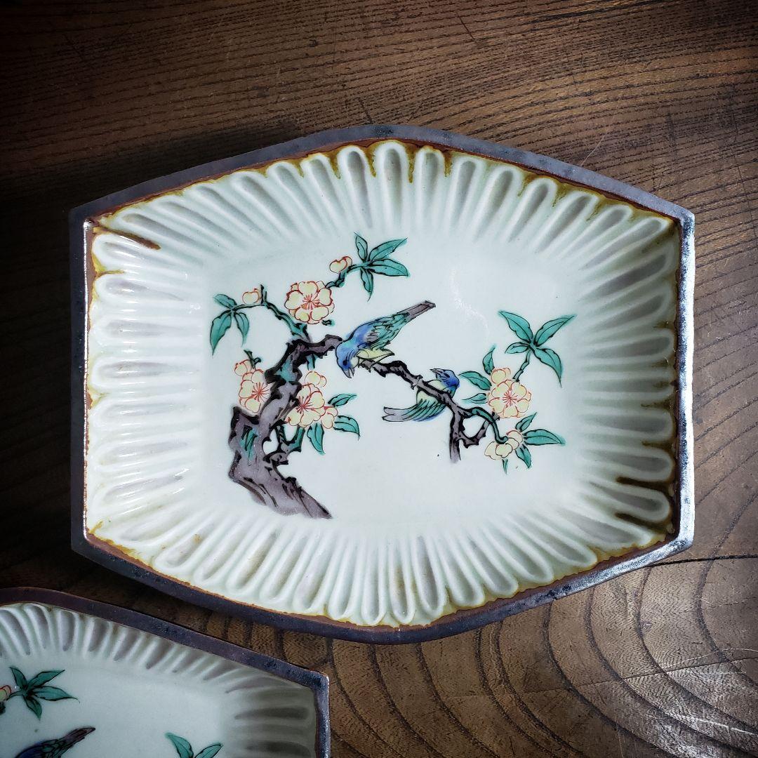 変形皿　角皿　舟形　古九谷　色絵付　鳥　明治　大正　銘　角福　二枚　上物　イ号