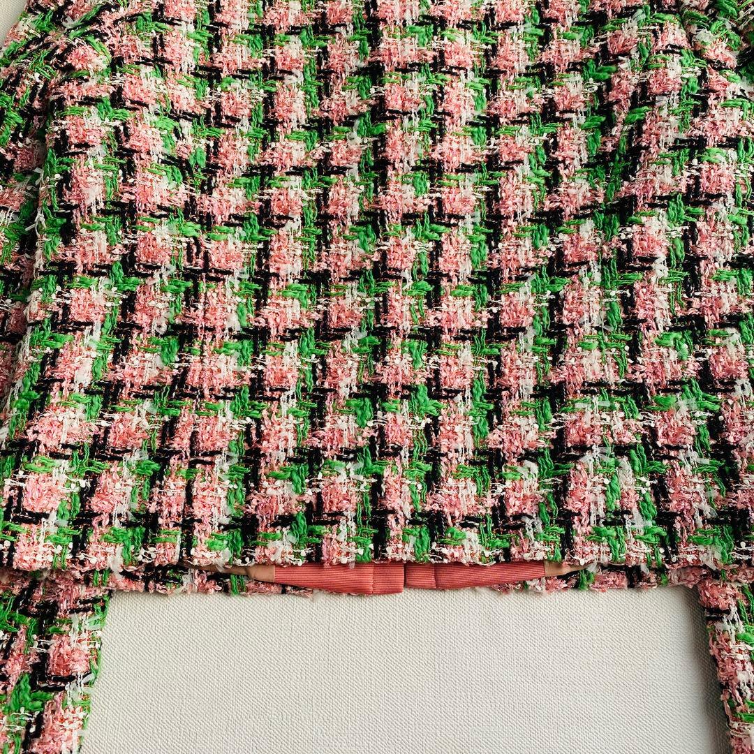 定価9.7万ANAYI ファンシーチェックツィードクルー　ジャケット ピンク 緑