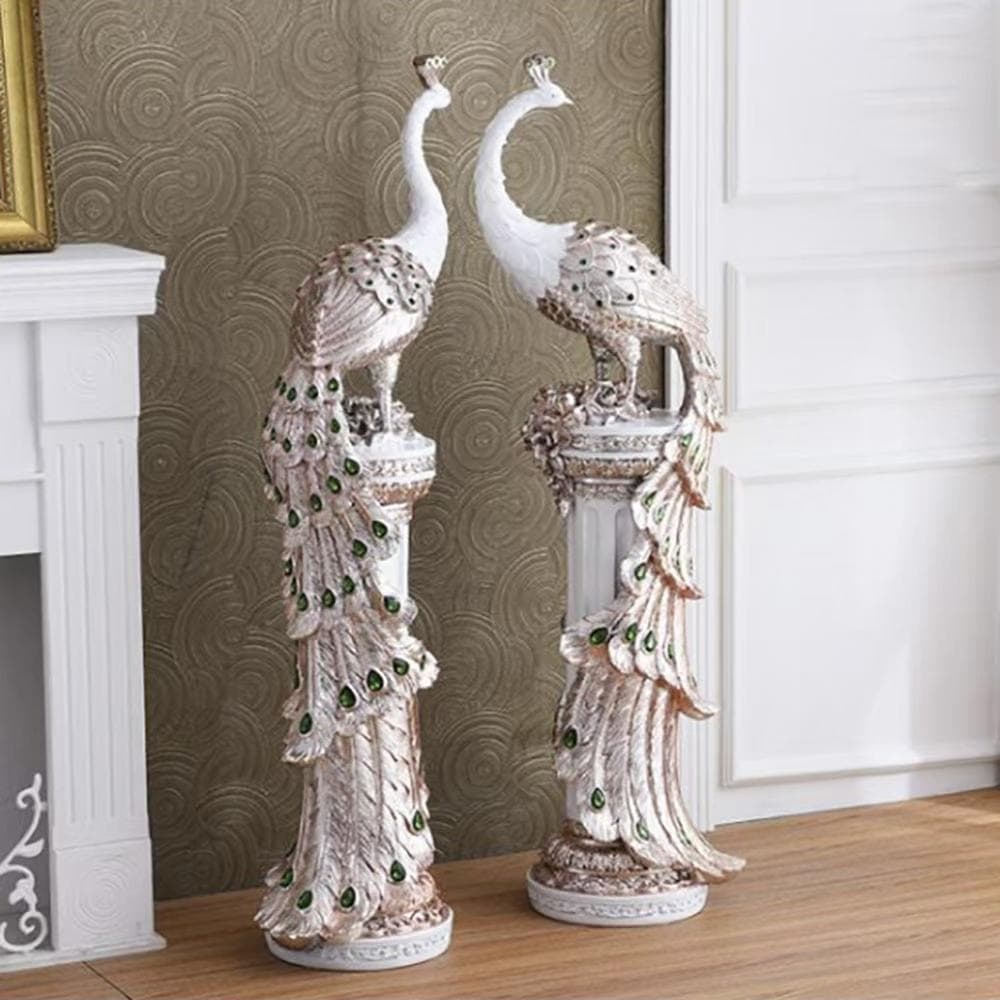 ２種セット 置物 孔雀 白 70cm 柱 インテリア 風水 ホワイトジルコニア