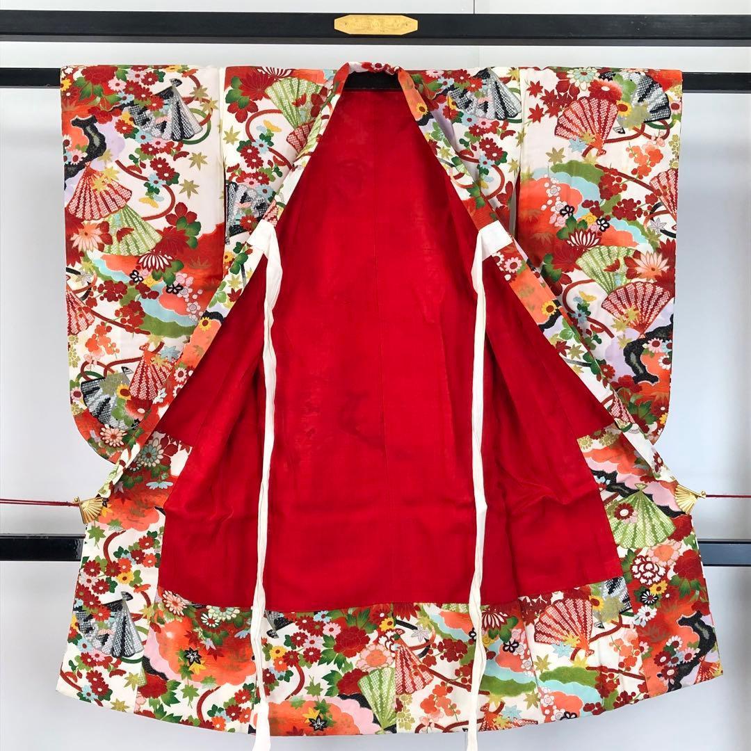 子供着物 七五三 3歳 縮緬 扇子に鹿子模様 花模様 CK-7383