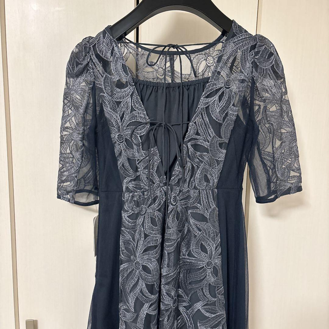 レースワンピース　オケージョン　ドレス　M ネイビー　レース　フレアスカート