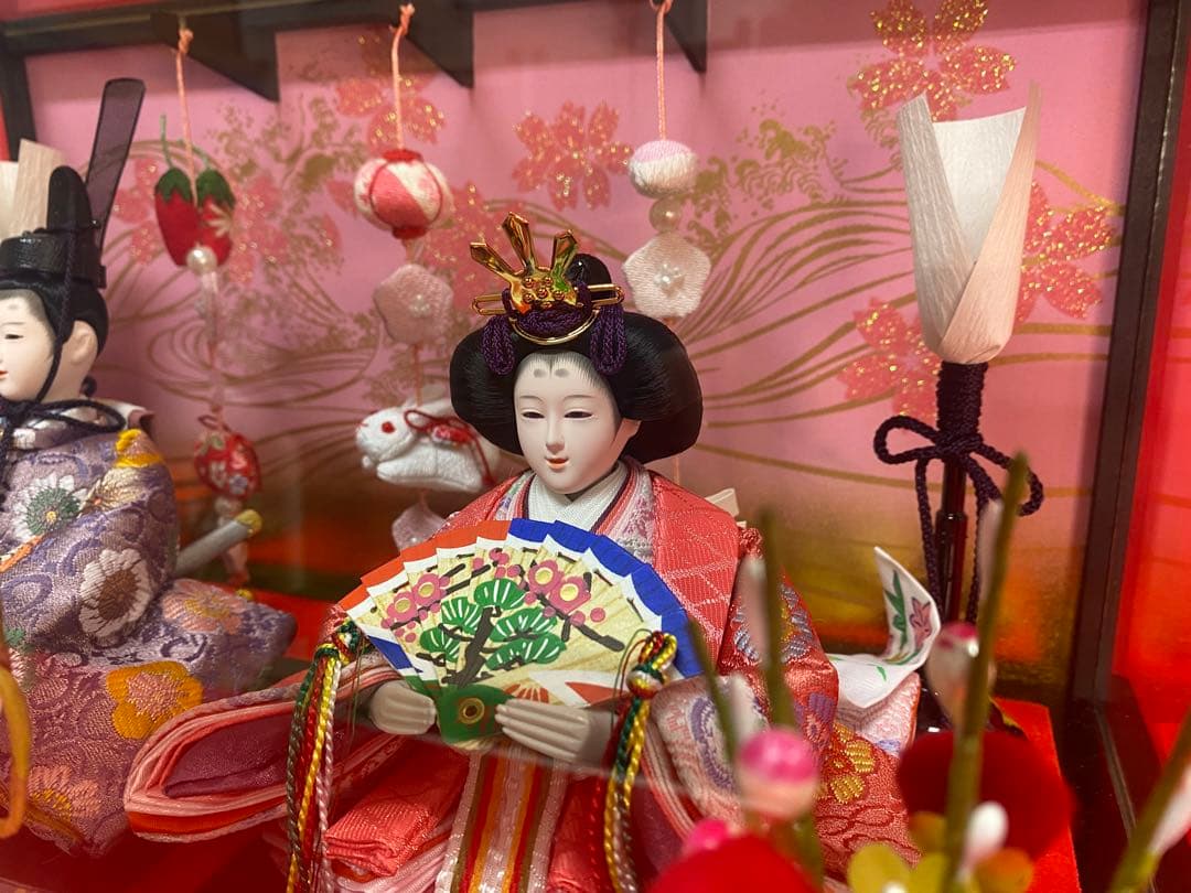 吊るし付き雛人形ガラスケース入り親王飾り・間口約３９×奥行約２７×高さ約２５㎝