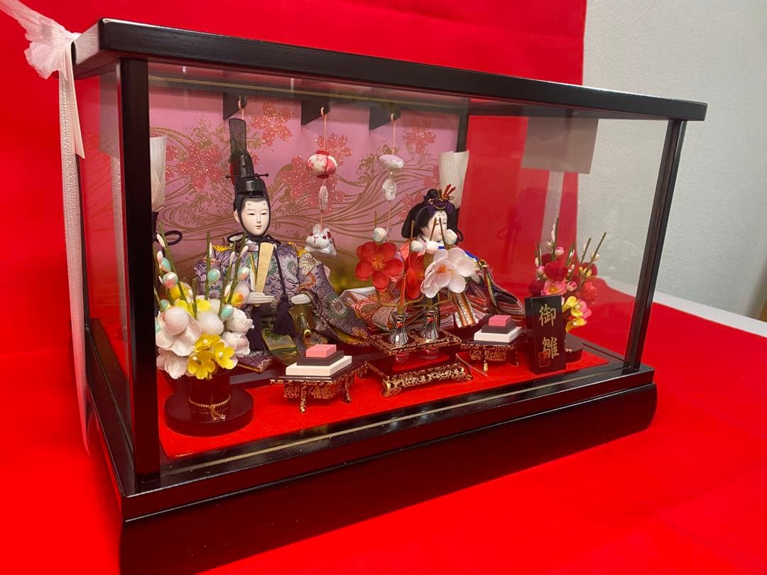 吊るし付き雛人形ガラスケース入り親王飾り・間口約３９×奥行約２７×高さ約２５㎝
