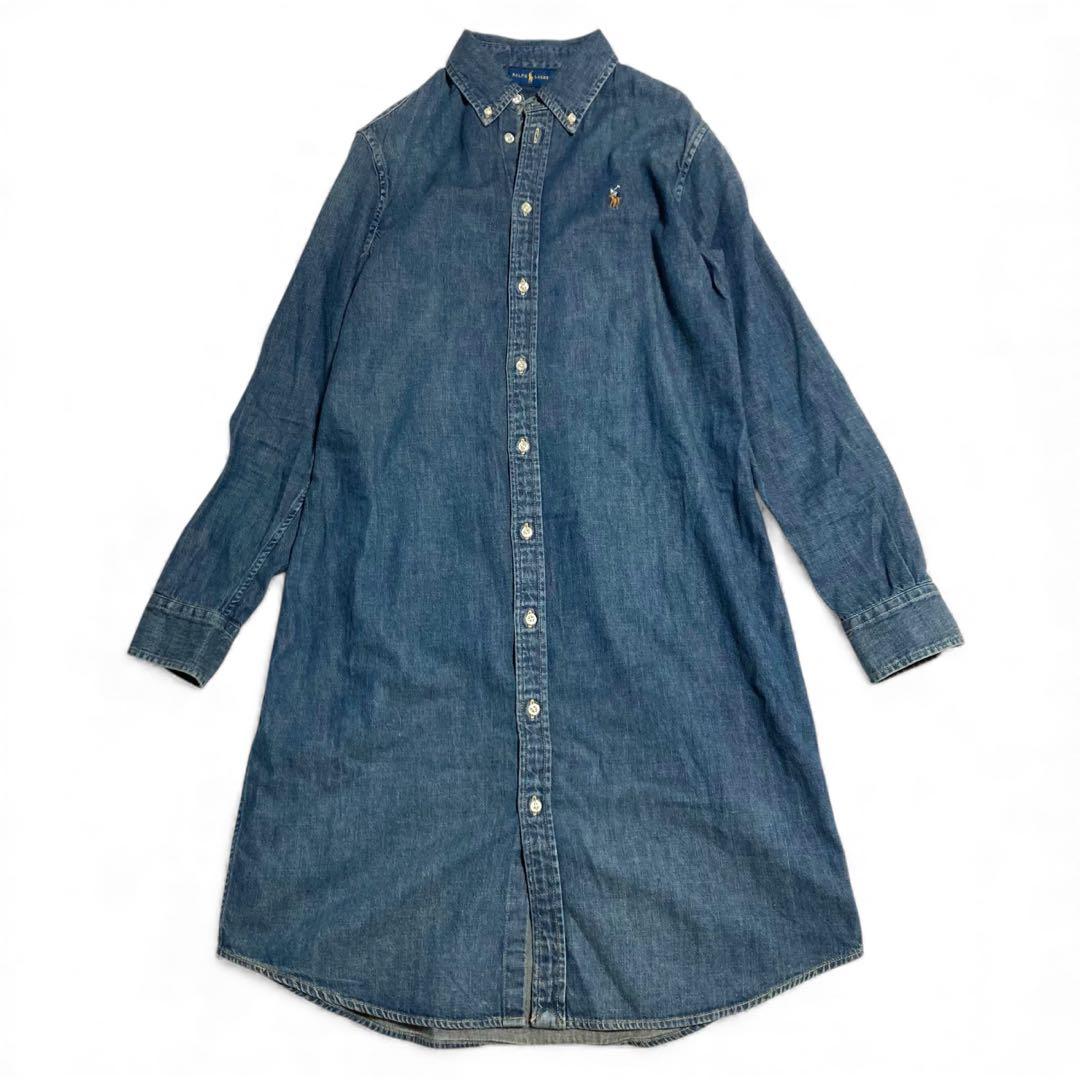 訳あり★ラルフローレン デニムシャツワンピース ポニー刺繍 シェルボタン