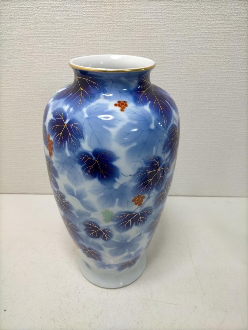藍染調 金彩 葡萄文 大型 花瓶 壺 飾壺 和風 陶磁器　青　251217-4Y