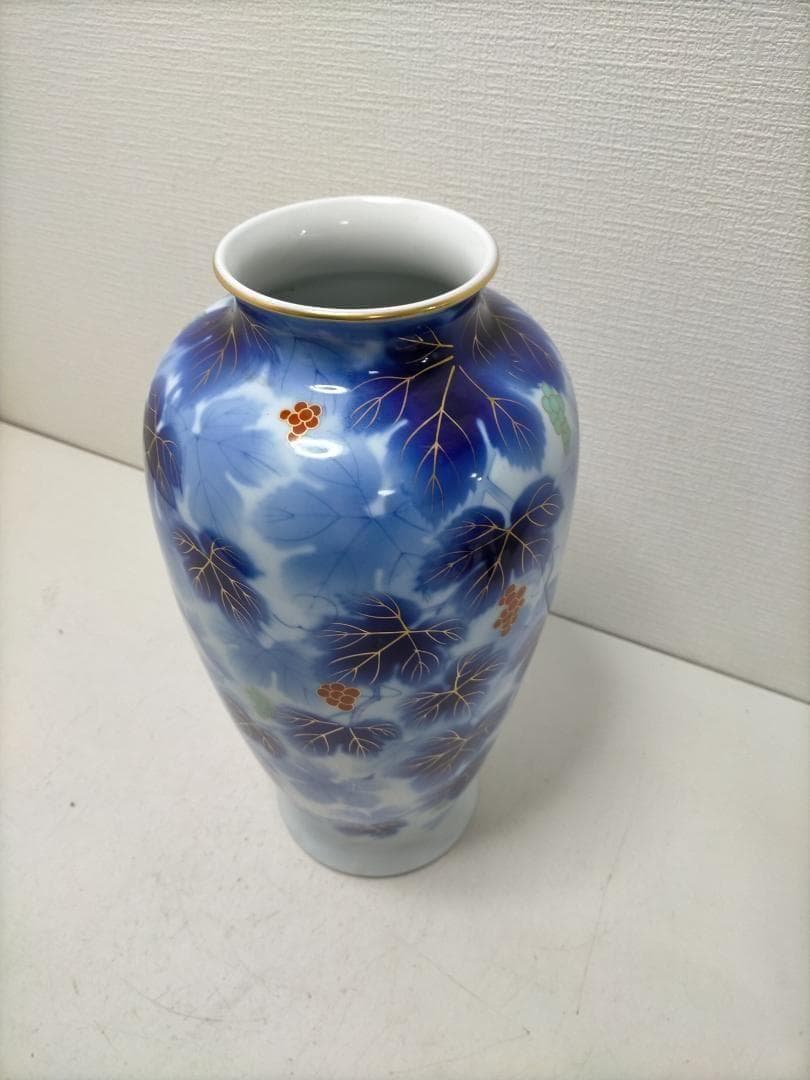 藍染調 金彩 葡萄文 大型 花瓶 壺 飾壺 和風 陶磁器　青　251217-4Y