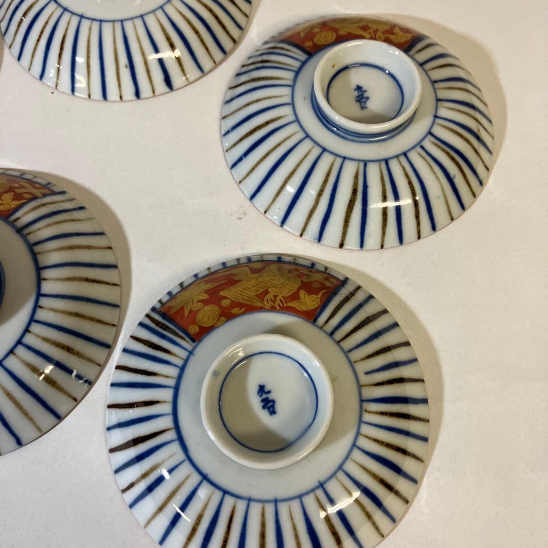 九谷焼骨董蓋付き茶碗７客「赤地金彩麦わら手」